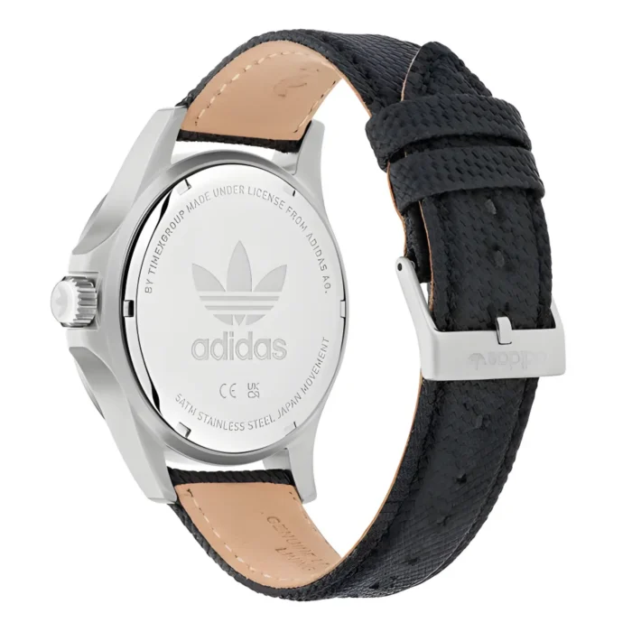 Black leather strap watch with stainless steel back, featuring the Adidas logo, showcasing a sporty yet stylish design.