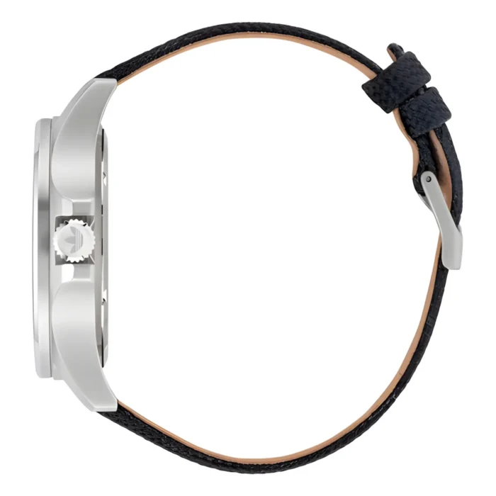 Side view of a sleek silver watch with a textured black strap and a silver crown, showcasing its minimalist design.