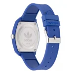 Blue Adidas watch featuring a stainless steel back and textured silicone strap, showcasing the iconic Adidas logo.