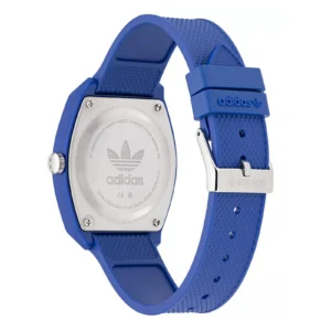 Blue Adidas watch featuring a stainless steel back and textured silicone strap, showcasing the iconic Adidas logo.