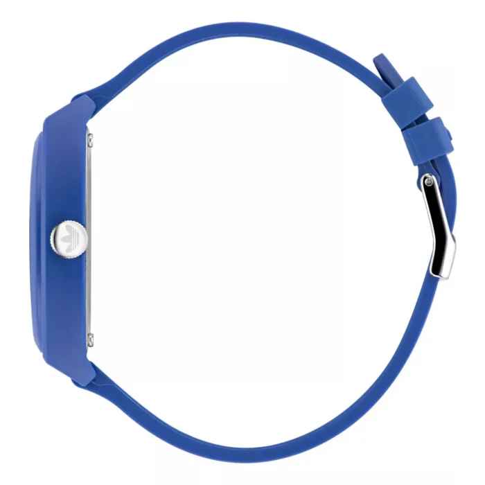 Side view of a sleek blue silicone strap watch with a silver crown and minimalistic design.
