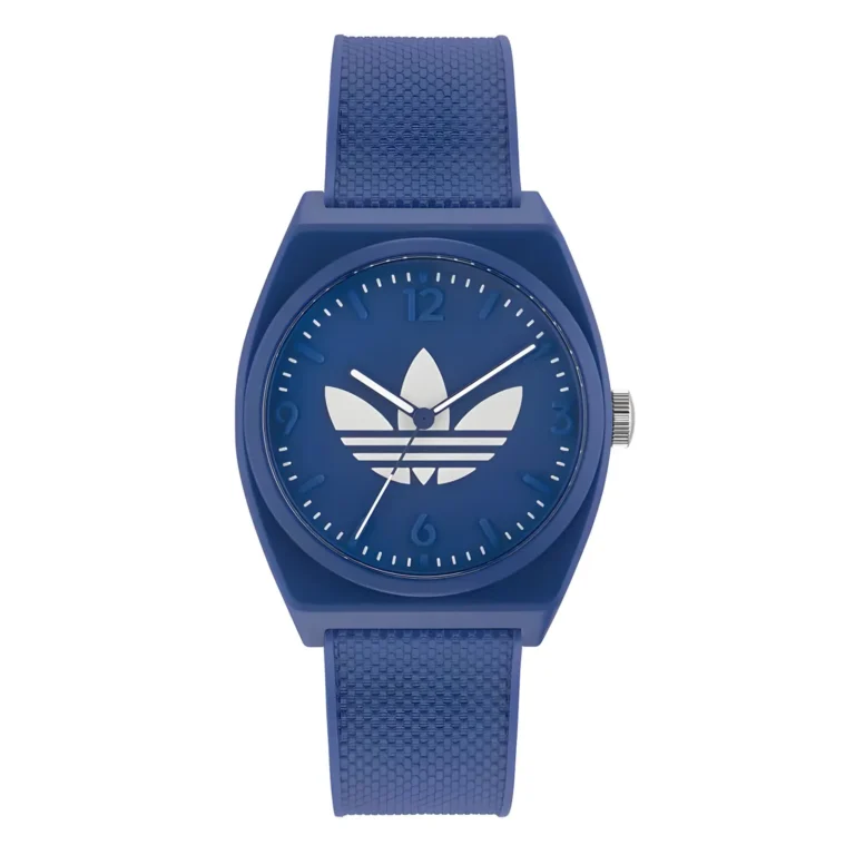 Blue Adidas watch featuring a white logo, minimalist design, and textured silicone strap, set against a plain white background.