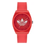 Red Adidas watch featuring a minimalistic dial with a white logo and numbers, complemented by a textured red strap.