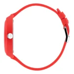 A vibrant red smartwatch with a sleek design, featuring a silver button and a smooth silicone strap, displayed from the side.