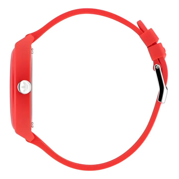 A vibrant red smartwatch with a sleek design, featuring a silver button and a smooth silicone strap, displayed from the side.
