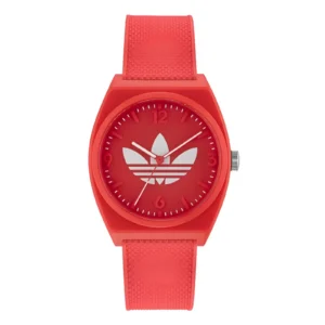 Red Adidas watch featuring a minimalistic dial with a white logo and numbers, complemented by a textured red strap.