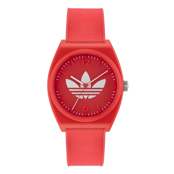 Red Adidas watch featuring a minimalistic dial with a white logo and numbers, complemented by a textured red strap.