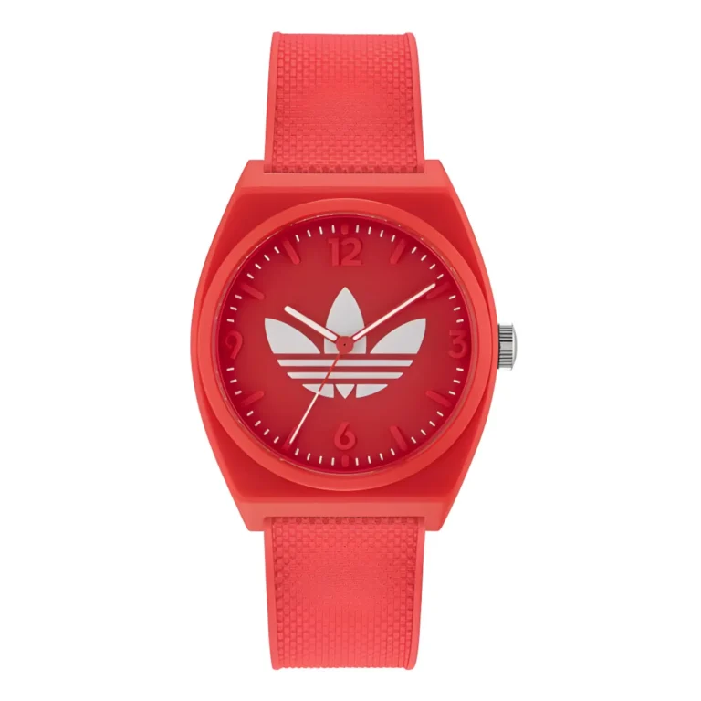 Red Adidas watch featuring a minimalistic dial with a white logo and numbers, complemented by a textured red strap.