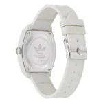 Close-up of a white Adidas watch featuring a sleek octagonal face, stainless steel back, and a textured silicone strap.