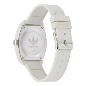 Close-up of a white Adidas watch featuring a sleek octagonal face, stainless steel back, and a textured silicone strap.
