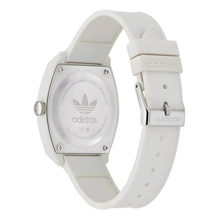 Close-up of a white Adidas watch featuring a sleek octagonal face, stainless steel back, and a textured silicone strap.