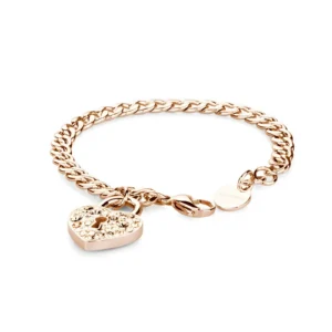 Stylish rose gold bracelet featuring a chunky chain design and a heart-shaped padlock charm adorned with sparkling crystals.