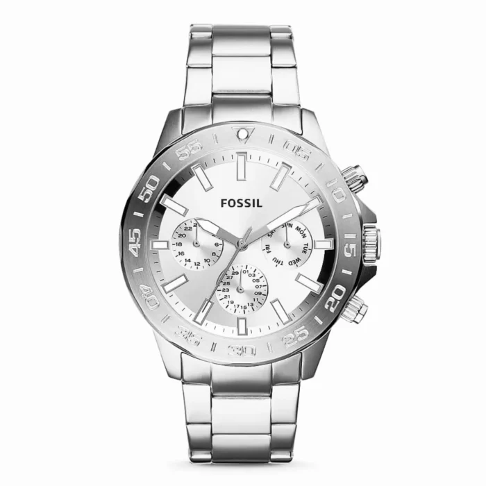 Silver Fossil chronograph watch with a white dial and stainless steel bracelet, featuring three subdials and bold hour markers.