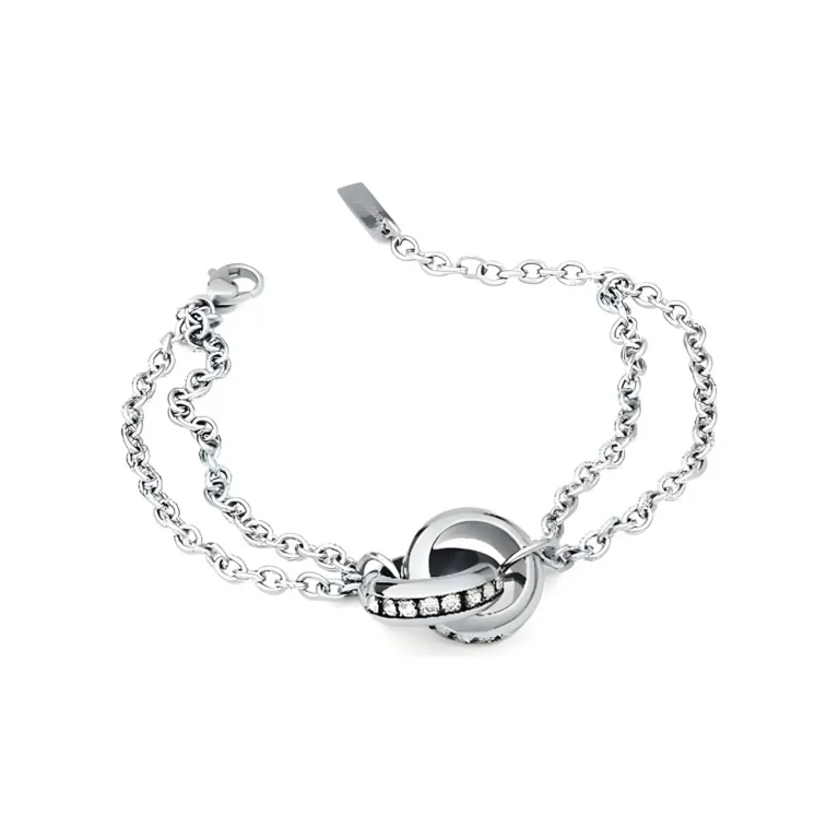 Silver bracelet featuring intertwined loops and a sparkling band of gems, showcasing elegance and modern design.