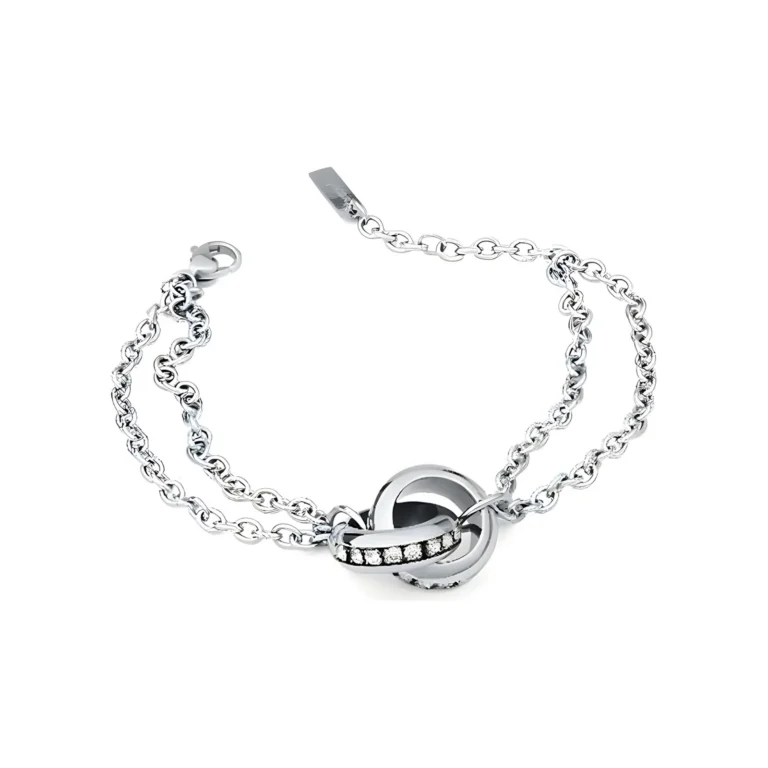 Silver bracelet featuring intertwined loops and a sparkling band of gems, showcasing elegance and modern design.
