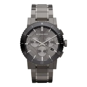 A stylish Burberry men's watch with a gray dial, black bezel, chronograph functions, and a polished stainless steel bracelet.