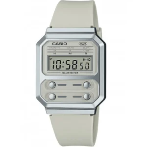 A Casio digital watch with a white band, displaying the time 10:58:50 and features like month, date, and day indicators.