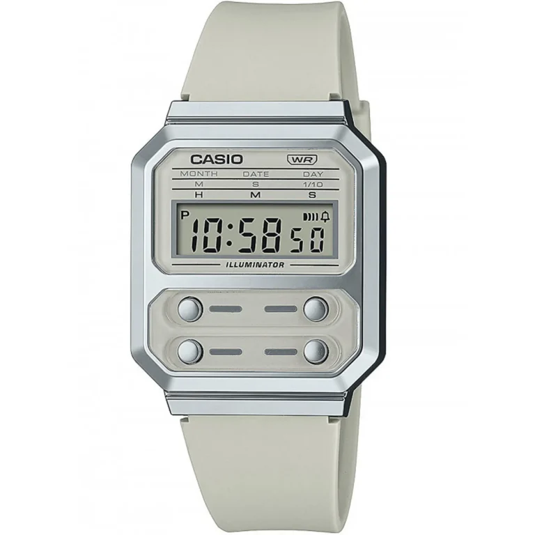 A Casio digital watch with a white band, displaying the time 10:58:50 and features like month, date, and day indicators.