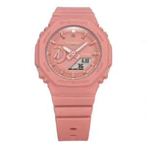 Close-up of a pink Casio G-Shock watch featuring a digital display, analog hands, and a sturdy rubber strap.