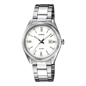Silver Casio watch with a white face, minimalist markers, a date feature at 3 o'clock, and a stainless steel bracelet. WR 50M.