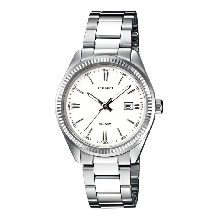 Silver Casio watch with a white face, minimalist markers, a date feature at 3 o'clock, and a stainless steel bracelet. WR 50M.