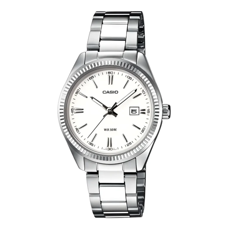 Silver Casio watch with a white face, minimalist markers, a date feature at 3 o'clock, and a stainless steel bracelet. WR 50M.