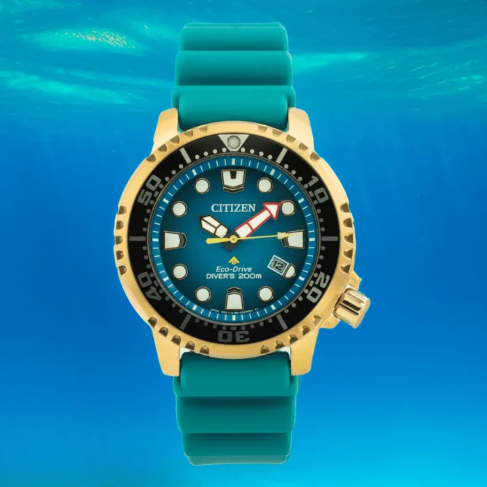 Auksinis ir turkio spalvos „Citizen Eco-Drive“ narų laikrodis su mėlynu ciferblatu, atsparus vandeniui iki 200 metrų, rodomas povandeniniame fone.