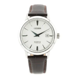 Citizen automatic titanium watch with a silver dial, blue hands, and a brown leather strap, featuring a date display