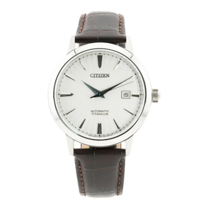 Citizen automatic titanium watch with a silver dial, blue hands, and a brown leather strap, featuring a date display