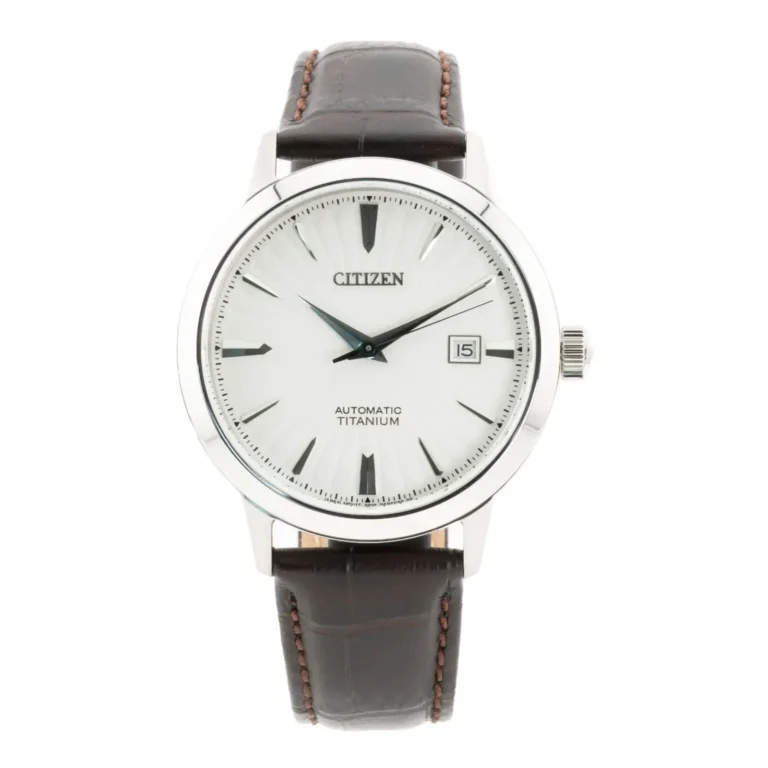 Citizen automatic titanium watch with a silver dial, blue hands, and a brown leather strap, featuring a date display