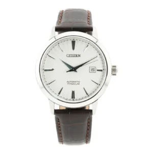 Citizen automatic titanium watch with a silver dial, blue hands, and a brown leather strap, featuring a date display
