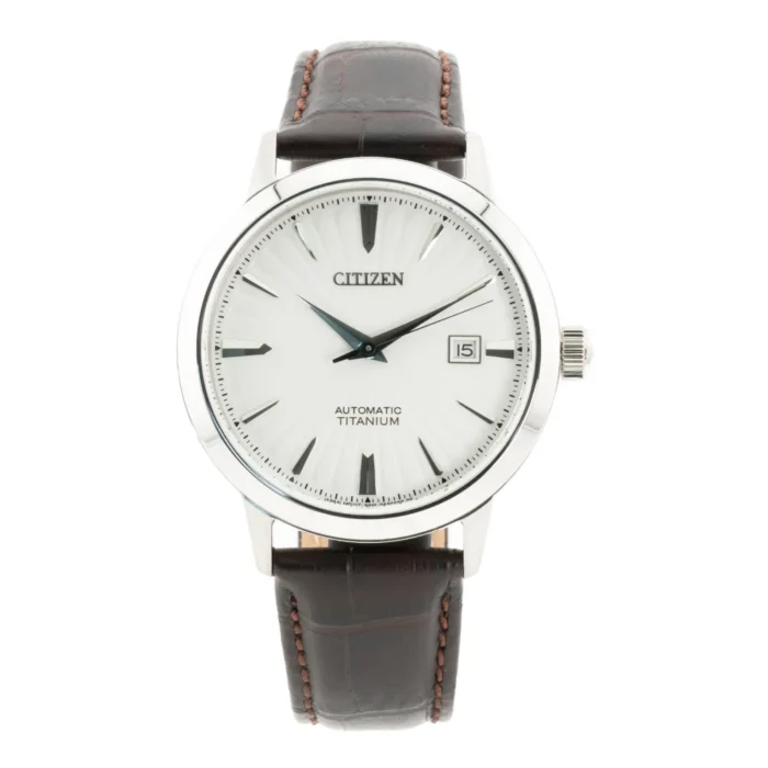 Citizen automatic titanium watch with a silver dial, blue hands, and a brown leather strap, featuring a date display