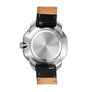 Close-up of a DI MILANO watch back, featuring a polished stainless steel case and a bi-color leather strap.