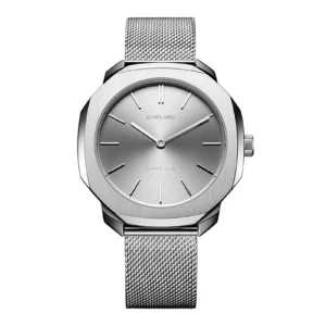Elegant D1 Milano Super Slim watch featuring a matte silver dial, octagonal case, and a sleek mesh bracelet.