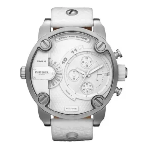 Stylish white Diesel watch featuring a large round case, multiple chronograph dials, and a textured leather strap.