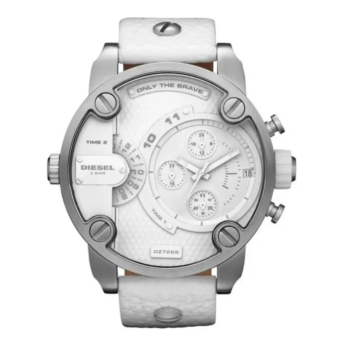 Stylish white Diesel watch featuring a large round case, multiple chronograph dials, and a textured leather strap.