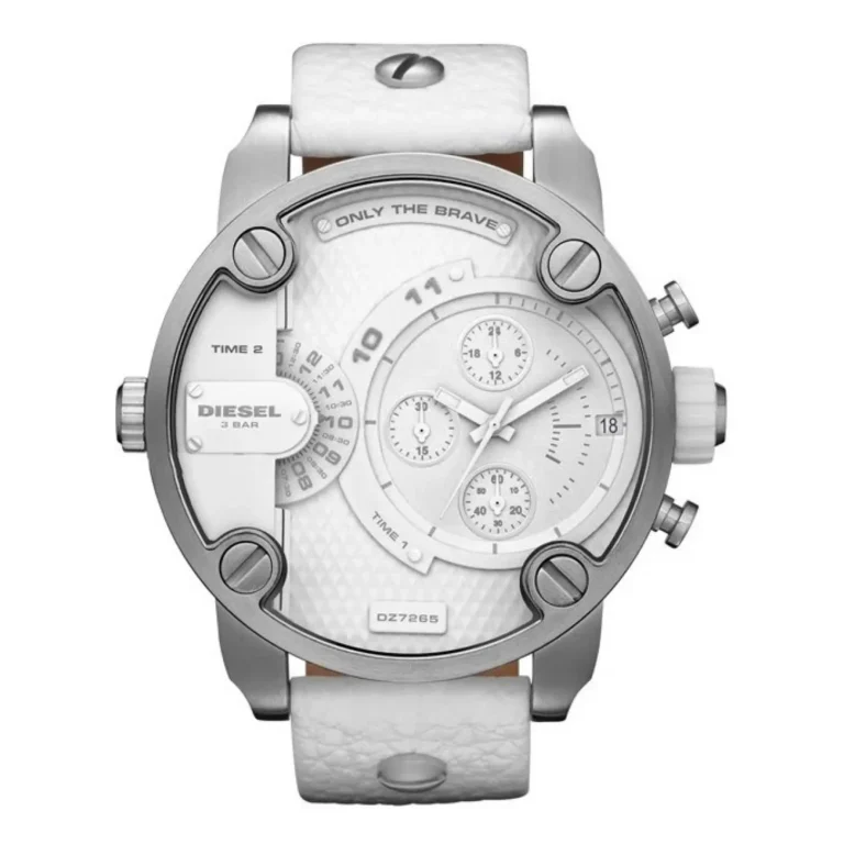 Stylish white Diesel watch featuring a large round case, multiple chronograph dials, and a textured leather strap.
