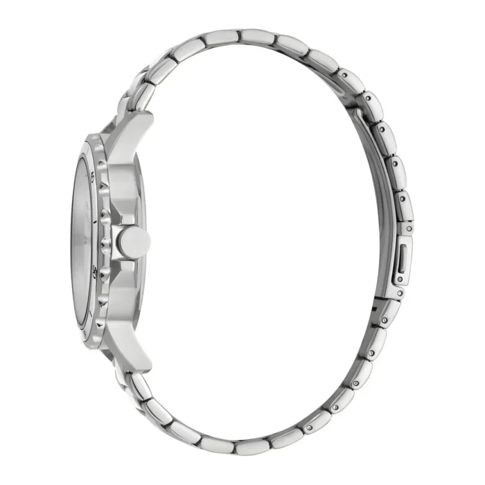 Profile view of a sleek silver wristwatch with a polished bezel and a linked metal bracelet.