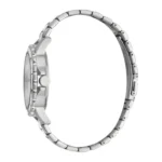Profile view of a sleek silver wristwatch with a polished bezel and a linked metal bracelet.