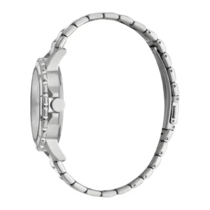 Profile view of a sleek silver wristwatch with a polished bezel and a linked metal bracelet.