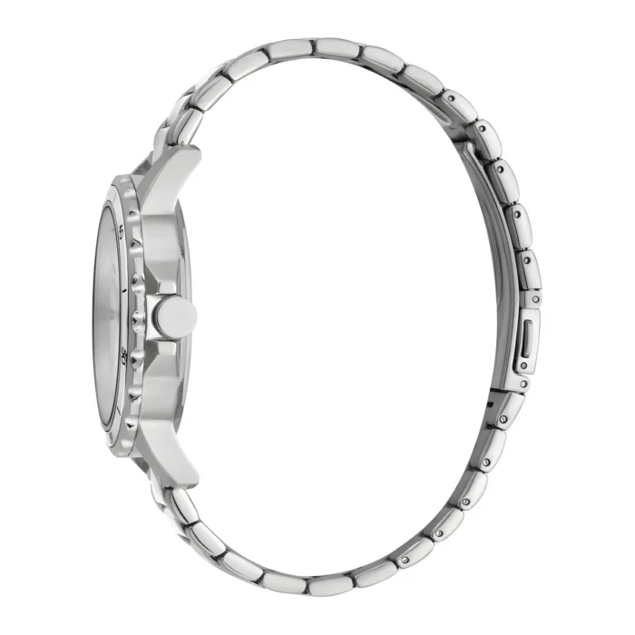 Profile view of a sleek silver wristwatch with a polished bezel and a linked metal bracelet.