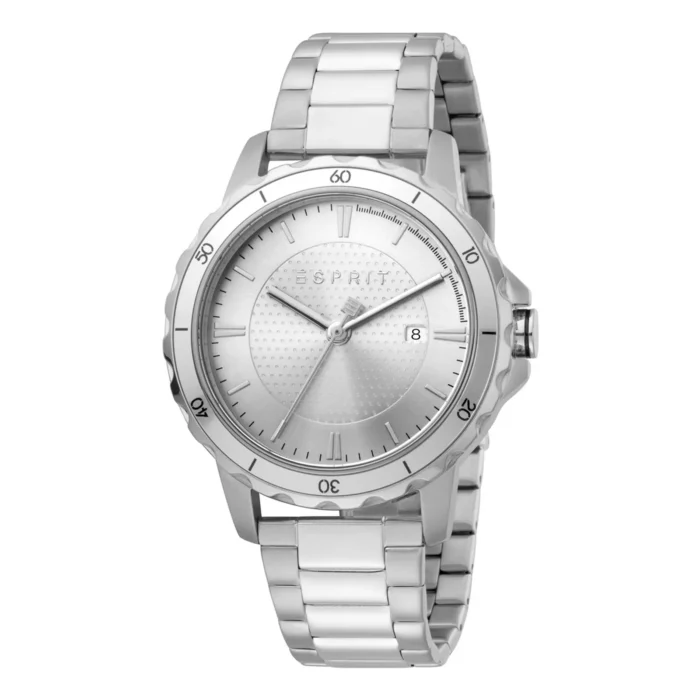 Silver Esprit wristwatch with a textured face, luminous hands, date function, and a sleek metal bracelet.