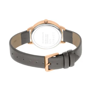 Rose gold back of an Esprit watch with a gray leather strap and a stainless steel case, featuring minimalistic design elements.