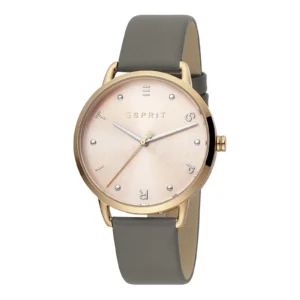 A stylish Esprit watch featuring a rose gold-tone dial, gray leather strap, and minimalist design with elegant hour markers.