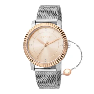 Rose gold and silver Esprit watch with mesh band, features a minimalist face and sparkling accents for a stylish look.