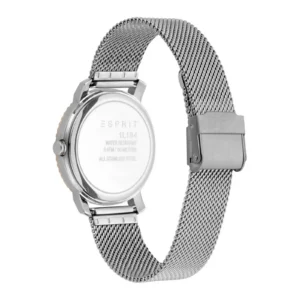 Back view of a stylish Esprit watch with a silver stainless steel mesh band, showcasing its water-resistant features and branding.