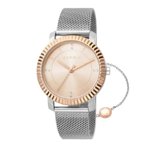 Rose gold and silver Esprit watch with mesh band, features a minimalist face and sparkling accents for a stylish look.