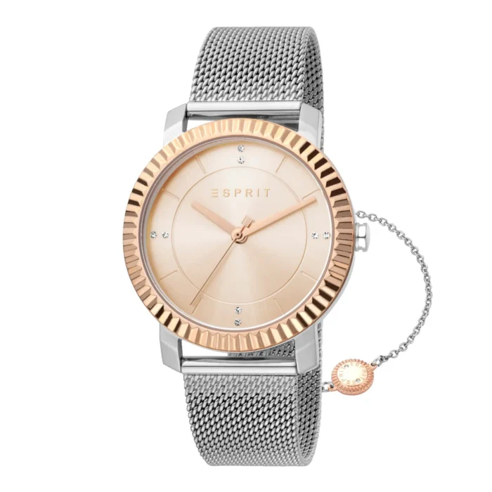 Rose gold and silver Esprit watch with mesh band, features a minimalist face and sparkling accents for a stylish look.