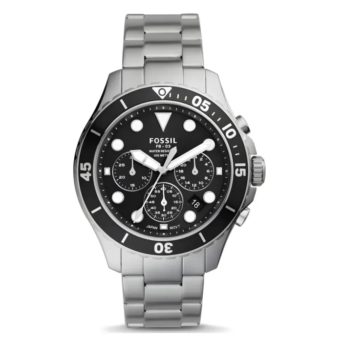 A stylish Fossil watch with a black dial, silver stainless steel band, and multiple chronograph subdials, water-resistant up to 100 meters.