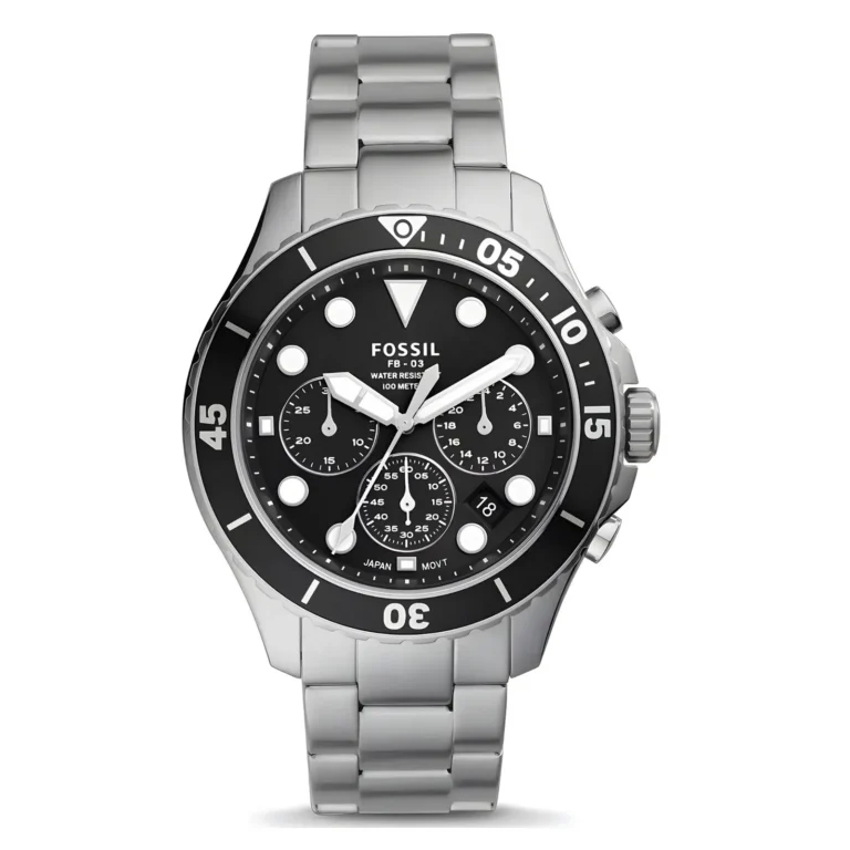 A stylish Fossil watch with a black dial, silver stainless steel band, and multiple chronograph subdials, water-resistant up to 100 meters.